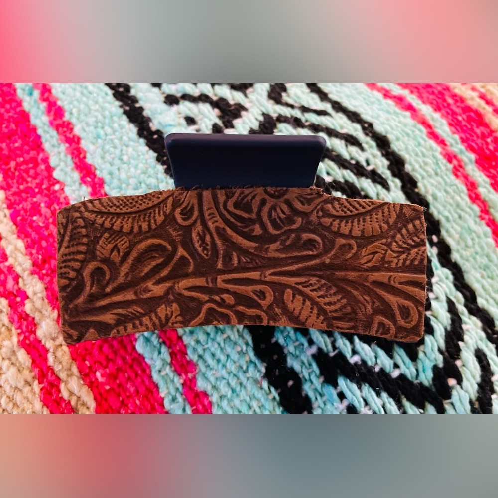 Claw Hair Clip with Tooled Leather